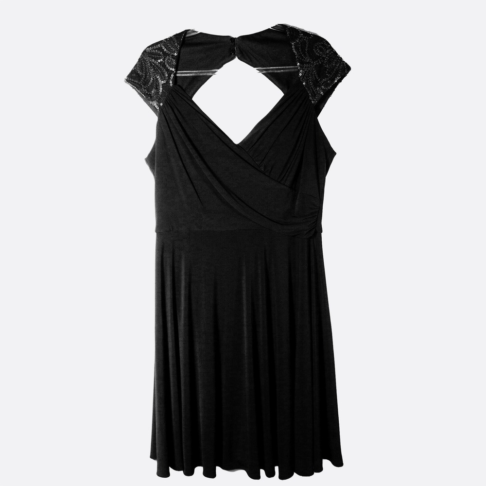 Patra Sequin Cap Sleeve Cocktail Dress 0X L Back Cutout LBD Little Black Dress - Picture 2 of 9